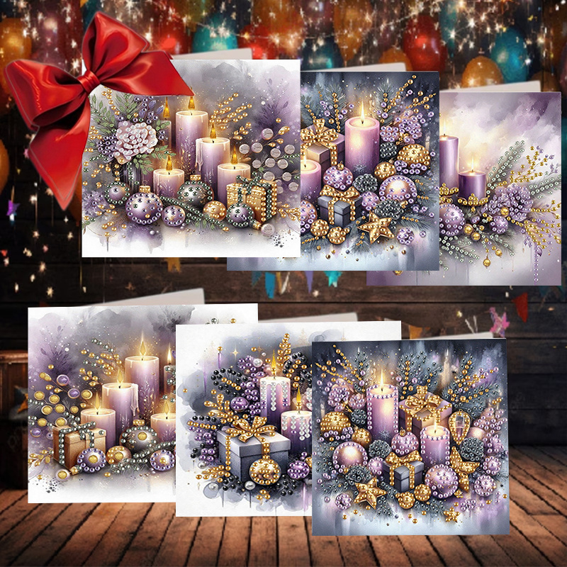 TEMU 6pcs Diy Diamond Painting Greeting Card Set - Christmas Floral Candle Series, Crystal Rhinestone Embellished Partial Inlay Handmade Greeting