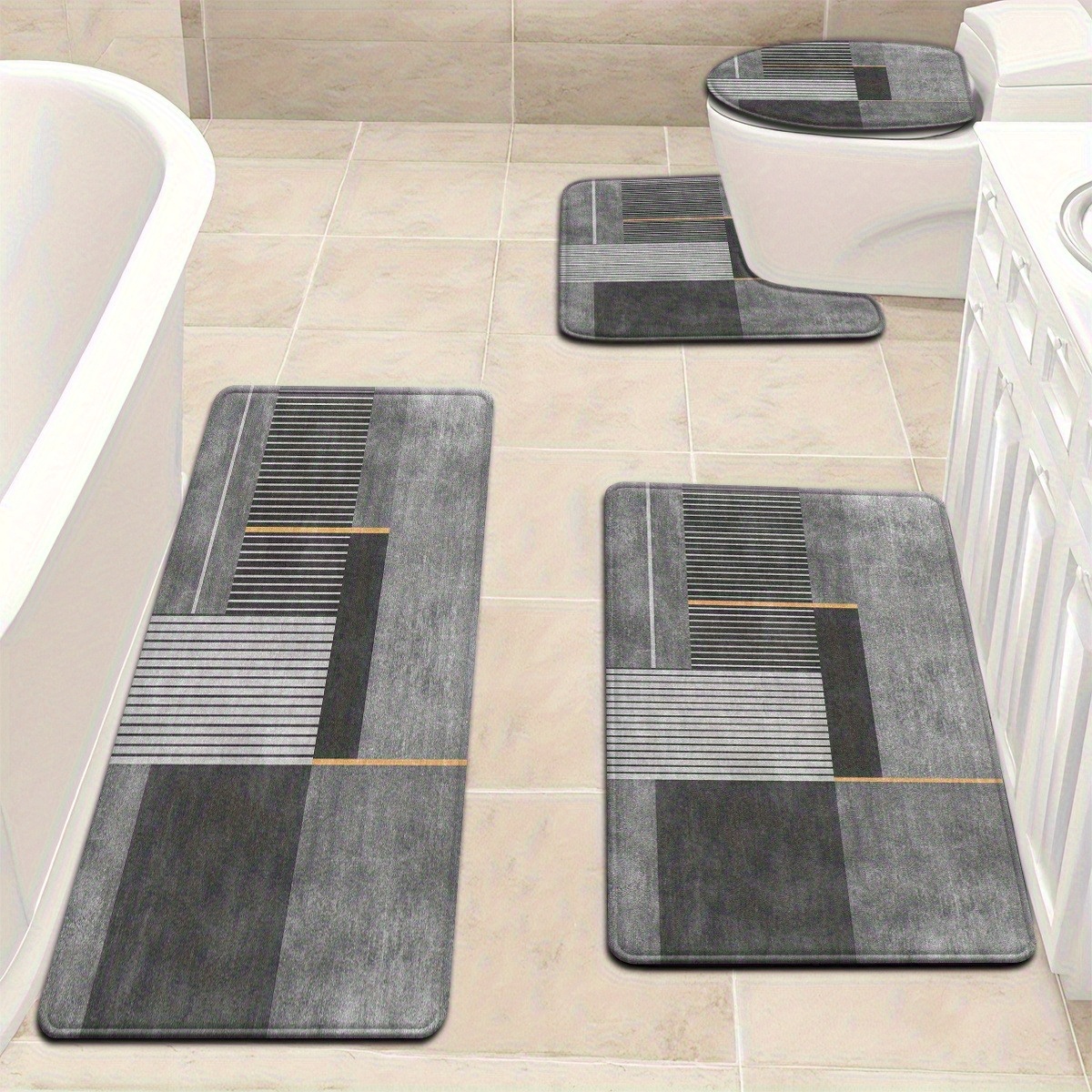 E-shop 4-teiliges Badezimmer-Set mit grauem Streifenmuster: WC-Sitzauflage, Badematte und U-förmige Fußmatte