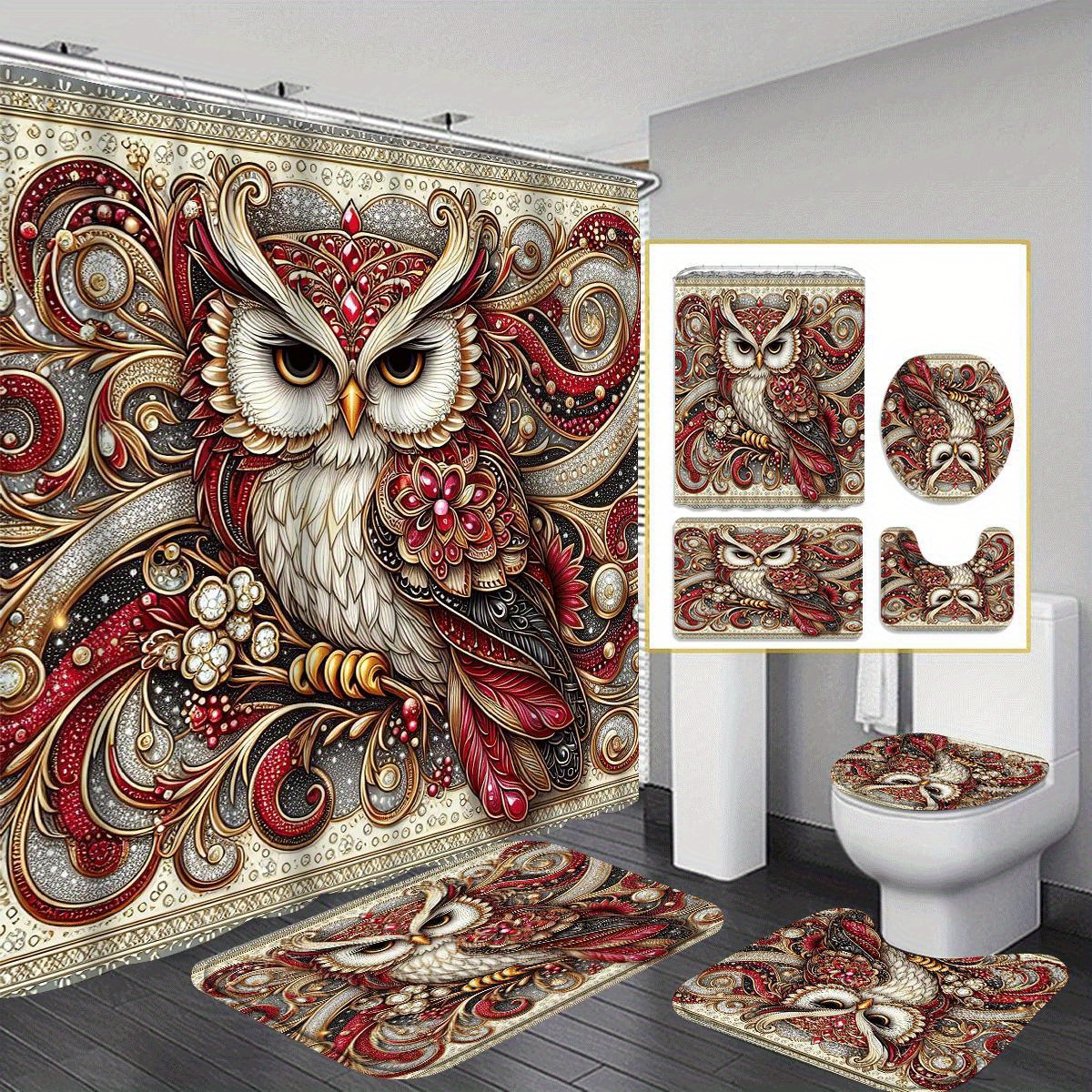 

Owl 1/4pcs Shower Curtain Set 12 - Shower Curtain, Bath Mat, And U-shaped Rug -bathroom Decoration Set, The For