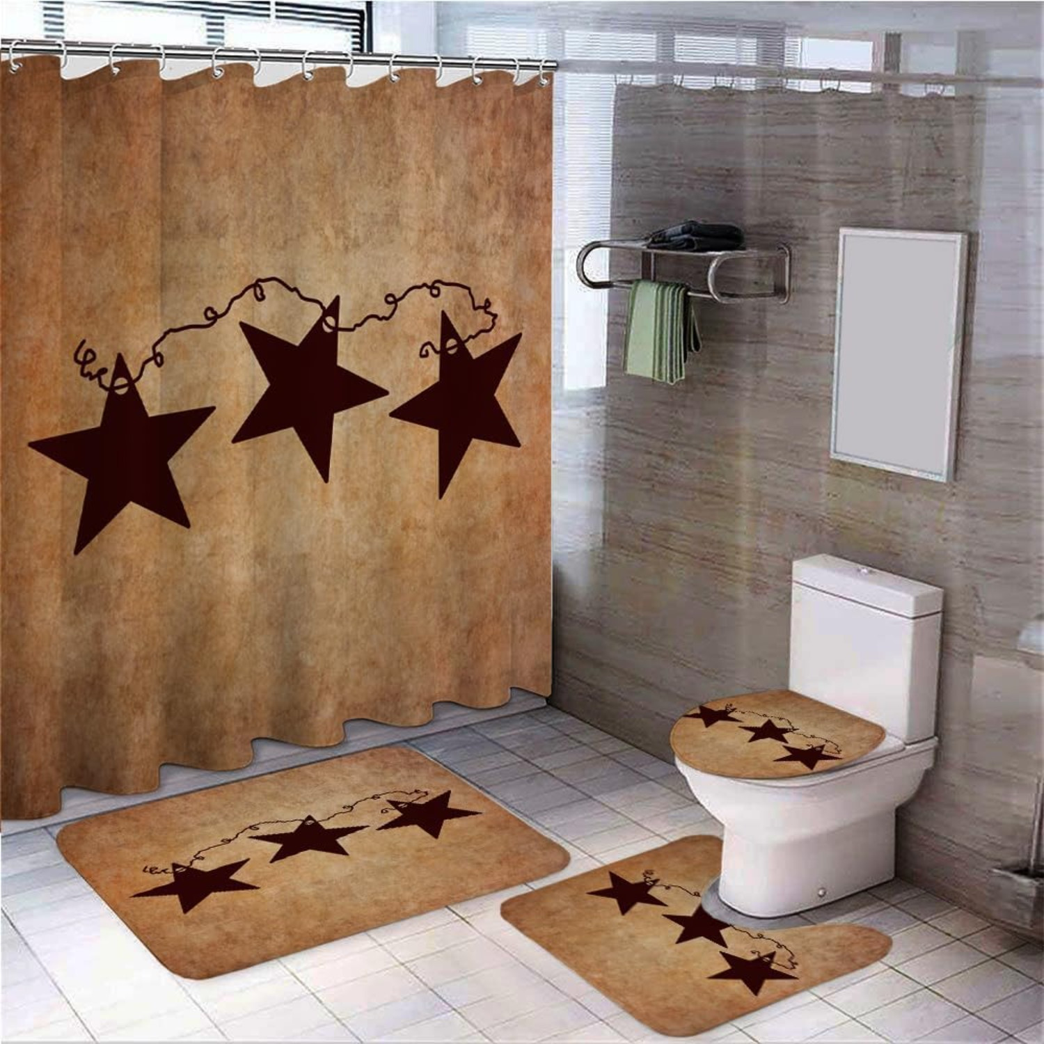 

[4pcs Western Country Bathroom Set] 4pcs Vintage Country Style Bathroom Accessory Set, Water-resistant Polyester, Cartoon Pattern, Unlined, With Grommet Top, For Use, , Texas