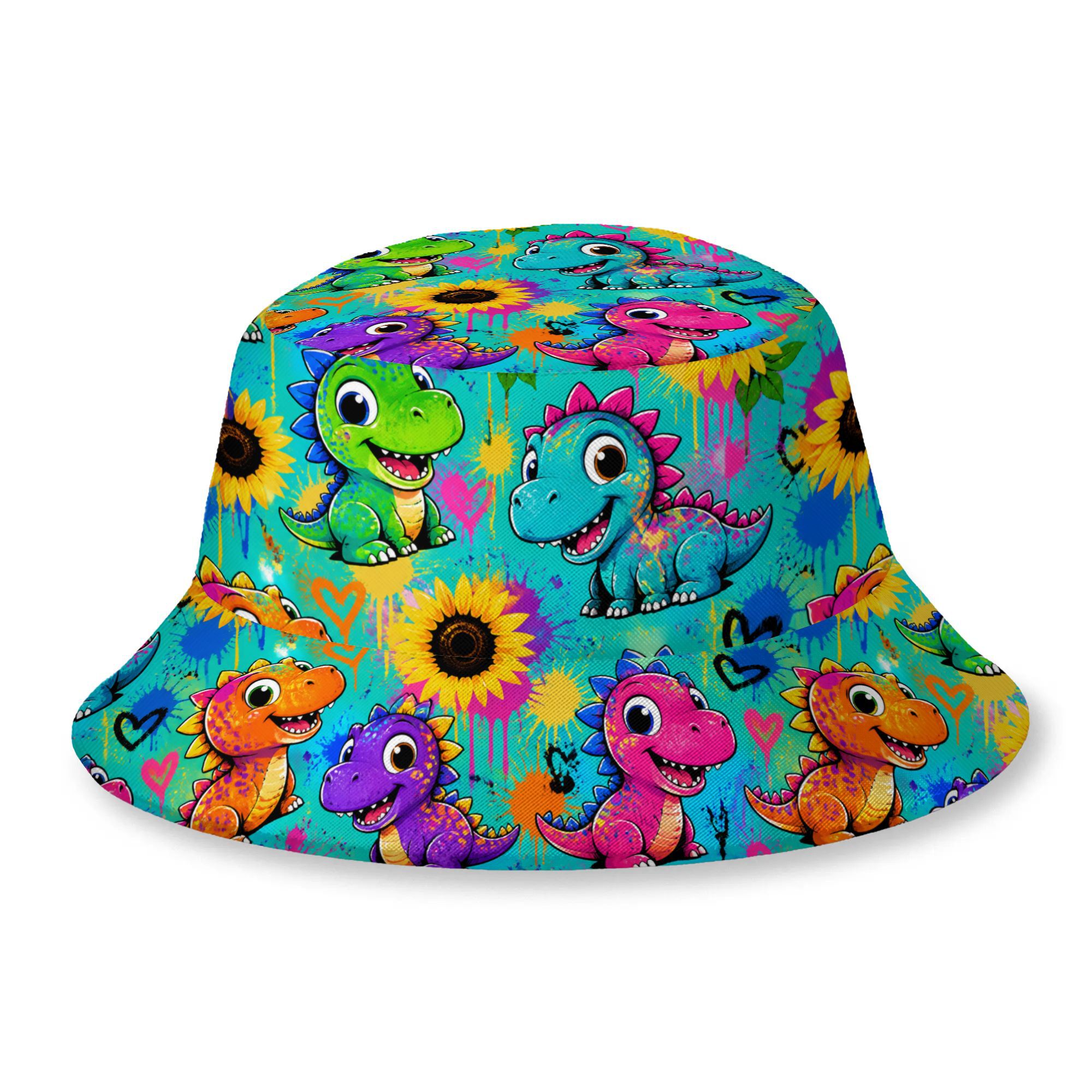 TEMU 1pc Teal Bucket Hat With Dinosaur & Sunflower Print - Lightweight Polyester Suitable For Outdoor Beach, Casual Wear, -themed Gifts For, Stylish