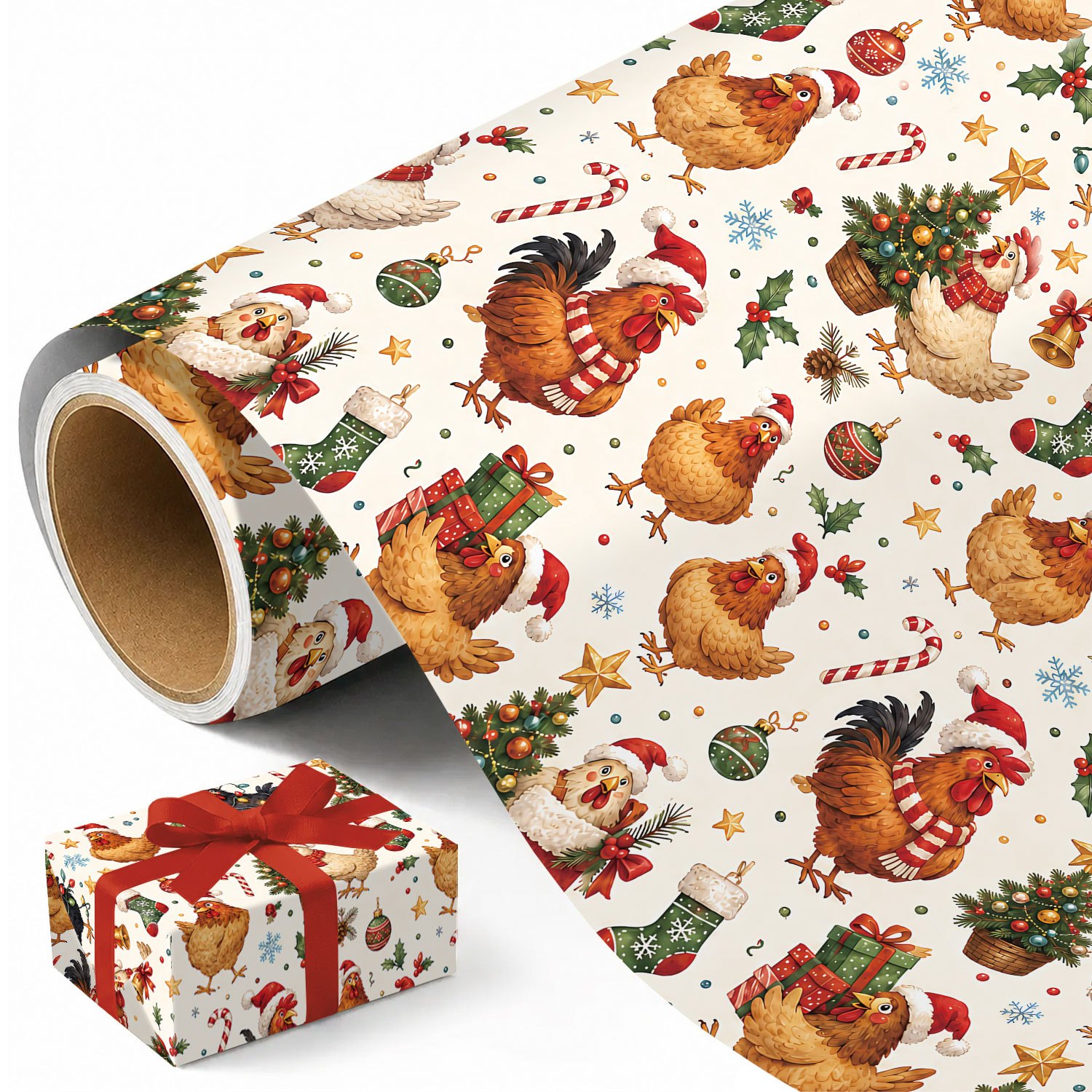 TEMU 1 Rolle einseitiges Vintage-Bauernhof-Huhn- & Hahn-Geschenkpapier, geeignet für Weihnachtsgeschenke, ländliches Weihnachtsgeschenkpapier mit