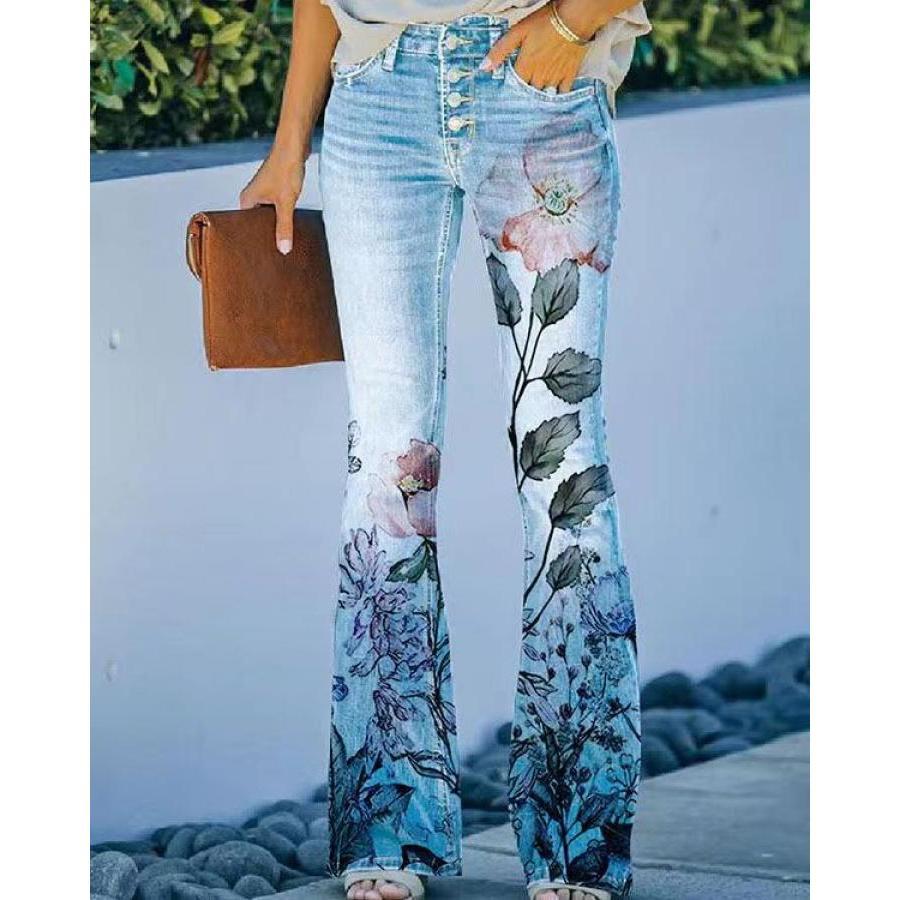 

Plus Size Women' Summer Denim Pants Floral Print Button Front Flared Jeans Trousers With 2 Pockets