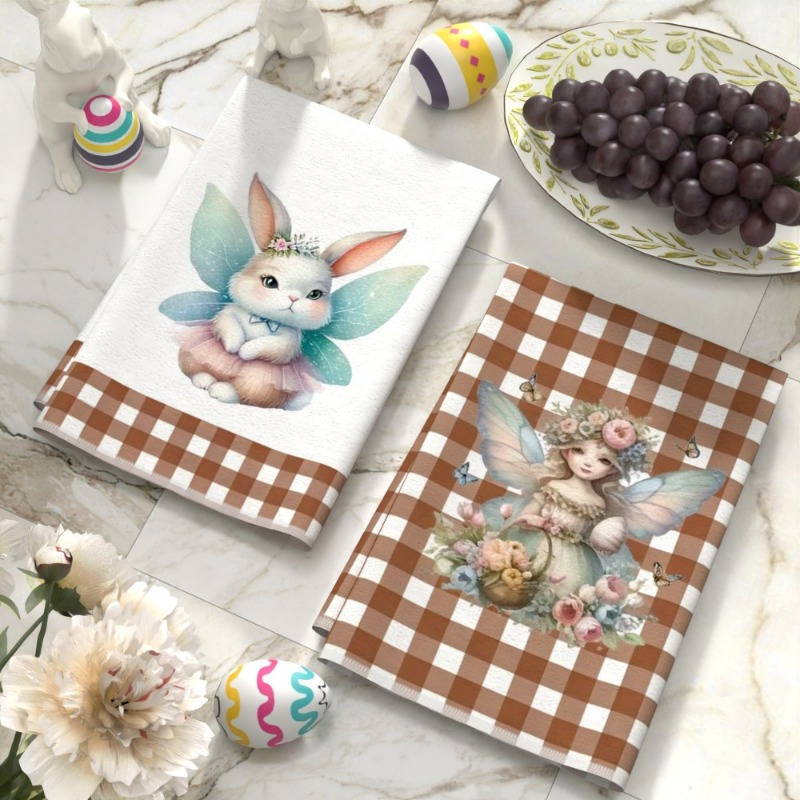 2pcs   rabbit & floral fairy kitchen towels - 45.72x66.04cm soft, absorbent polyester dish towels with gingham borders | whimsical design for home decor & gifting, festive dish towels|fairy themed decor|  dish towels, dish towels for kitchen details 0