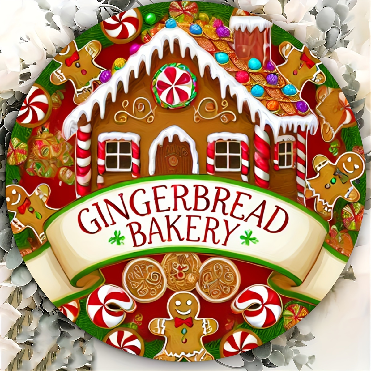 TEMU Decorative Signs & Plaques 1pc Festive Gingerbread House Aluminum Sign - 8x8 Inch Round Metal Wall Decoration With A Vibrant Holiday Design For