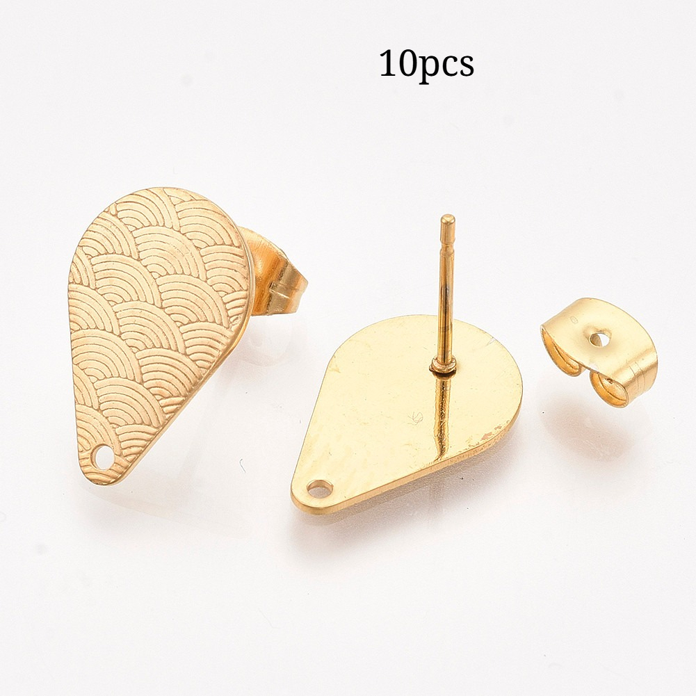 10pcs 304 Stainless Steel Stud Earring Findings, With Ear Nuts/earring Backs, Teardrop, With Wave Pattern, Golden, 16x10.5mm, For Earrings Making, Earring Backs & Findings