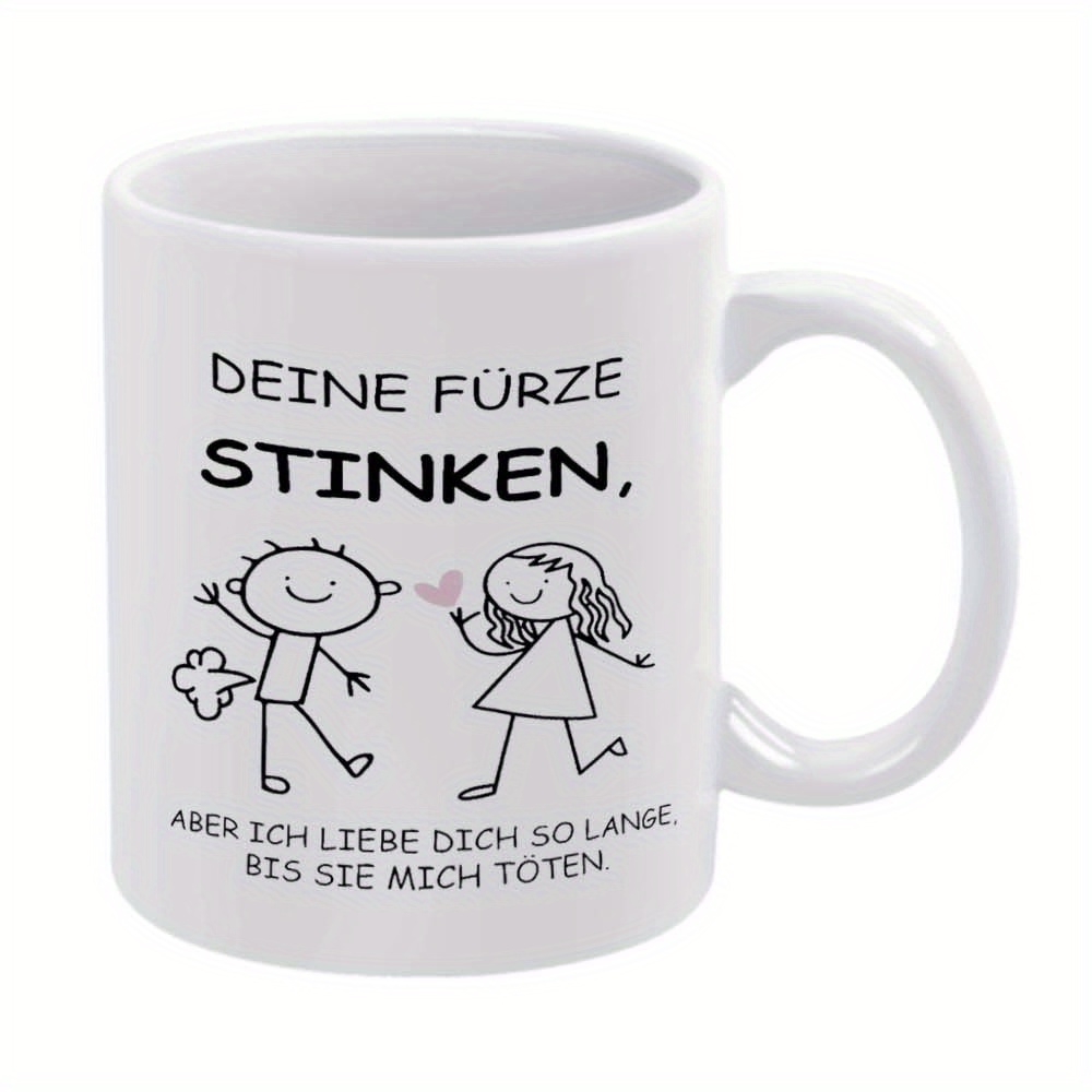 Image of 1pc Figure Ceramic Mug 11oz (360ml) - Cartoon With , Heart & German Quote Design, Humorous Coffee Cup For Birthdays, Holidays, Gifts