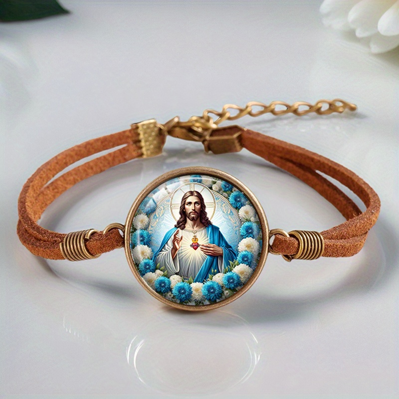2pcs Virgin Mary and Jesus Retro Handmade Glass Cabochon Bangle Set