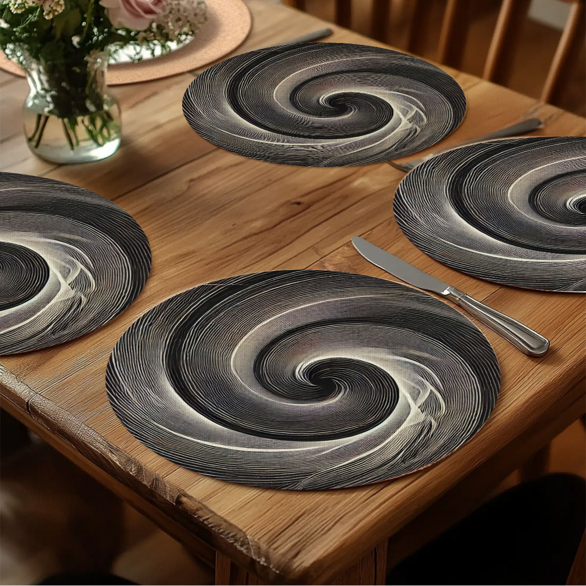 TEMU 4pcs Modern Black& -like Round Placemats- Dark Grey/beige Circles, Durable Table S For Kitchen, Dining Table, Parties, Marble Pattern