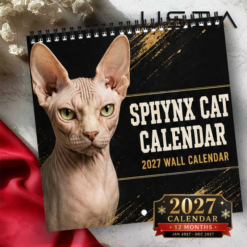 TEMU Calendrier mural 2027 - Calendrier mural Chat Sphinx 2027 - Planificateur mensuel 12 mois, Calendrier à spirale à double fil avec grands blocs