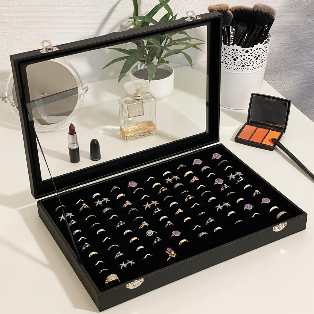 Image of Jewelry Storage Box With Clear Glass Lid And Soft Velvet Lining, Multi Grid Jewelry Organizer Holder For Rings Earrings Piercings Cufflinks Daily Jewelry Collection, Jewelry Boxes