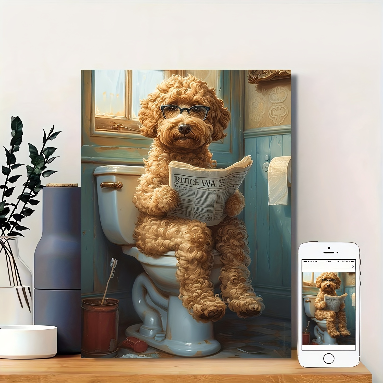 

Room Decor 1pc Goldendoodle Bathroom Canvas - Humorous Wooden Print Restroom Decor, Modern Minimalist Pet-themed Artwork, Dog Lovers, Unique Accent Living