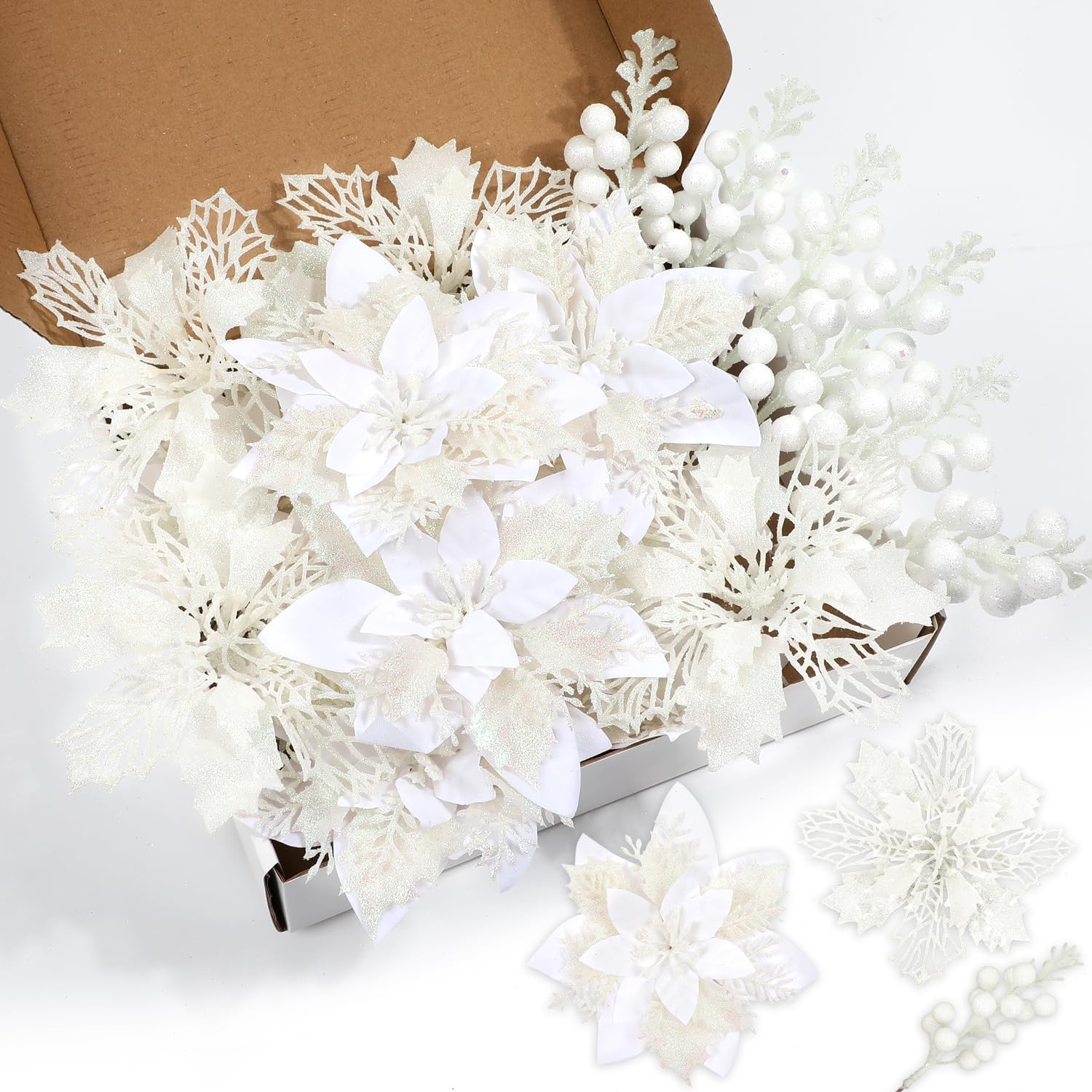 TEMU 35pcs Shaerkbee Christmas Artificial Holly Set - 10pcs Christmas Artificial Bouquets, 5pcs Artificial Glitter Berries, 10pcs Clips And 10pcs