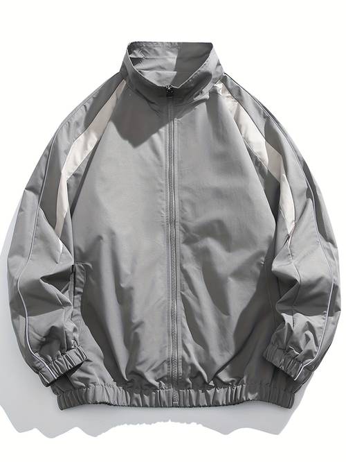 mens casual lightweight jacket spring autumn color block zipper polyester fiber elastic cuffs machine washable gray and beige