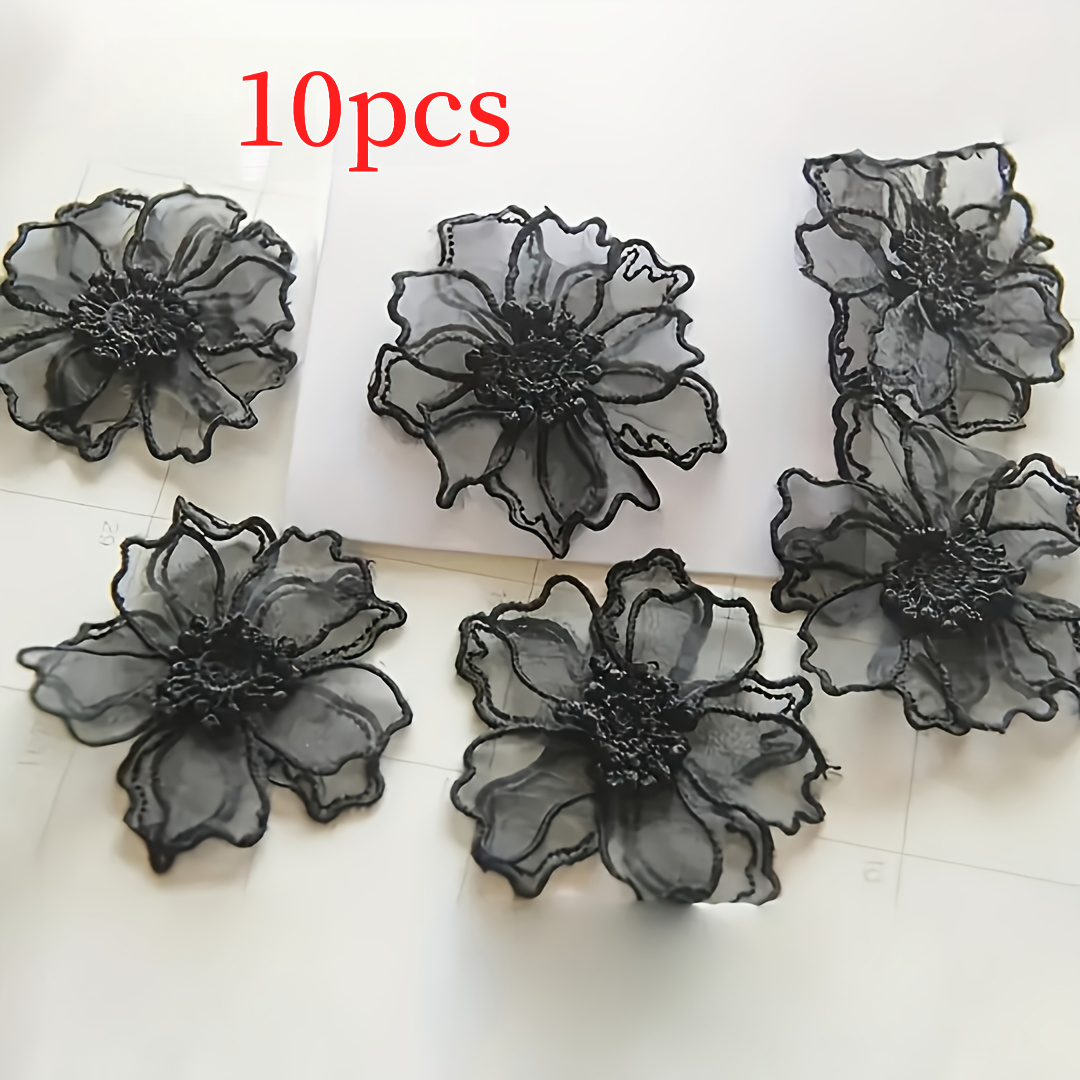 TEMU Lot de 10 décalcomanies florales exquises en organza double épaisseur, avec des de fleurs noires associés à des embellissements en dentelle