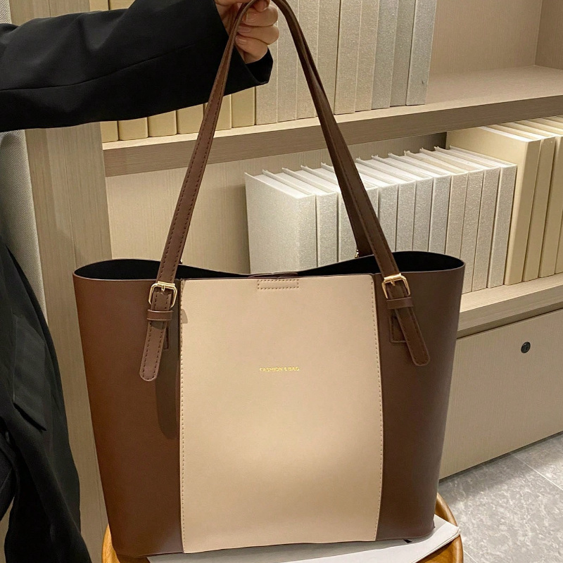 Women' Large Capacity Tote Bag with Colorblock Patchwork ( //) & Golden Foil Letter - Adjustable Strap, Closure, Elegant Handbag for Work, Commute, Travel - Multi-Purpose Casual &