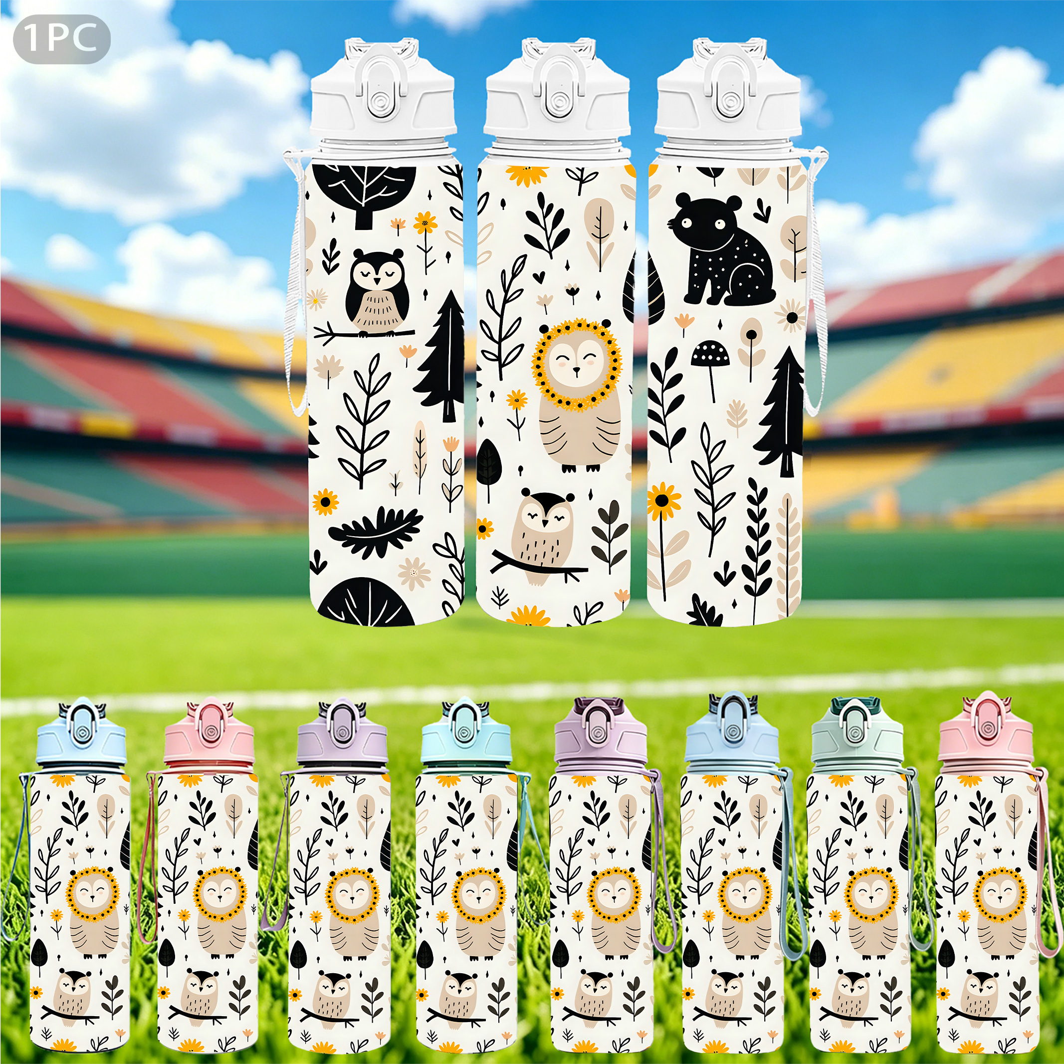 item picture 1pc forest owl bear floral leaf full print continuous pattern forest wildlife fresh decorative print 750ml 26oz plastic sports water bottle cute print leak proof with   up lid lightweight durable large capacity reusable