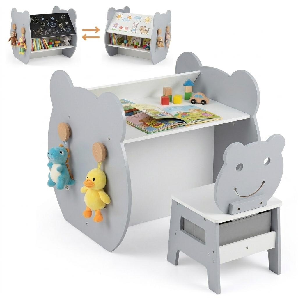 Image of 3-in-1 Kids Table And Chair Set With Reversible Whiteboard & Chalkboard Tabletop, Writing Desk & - Convertible Chalkboard To Whiteboard Suitable For Boys Girls, Playroom,, Assembly, Space-saving