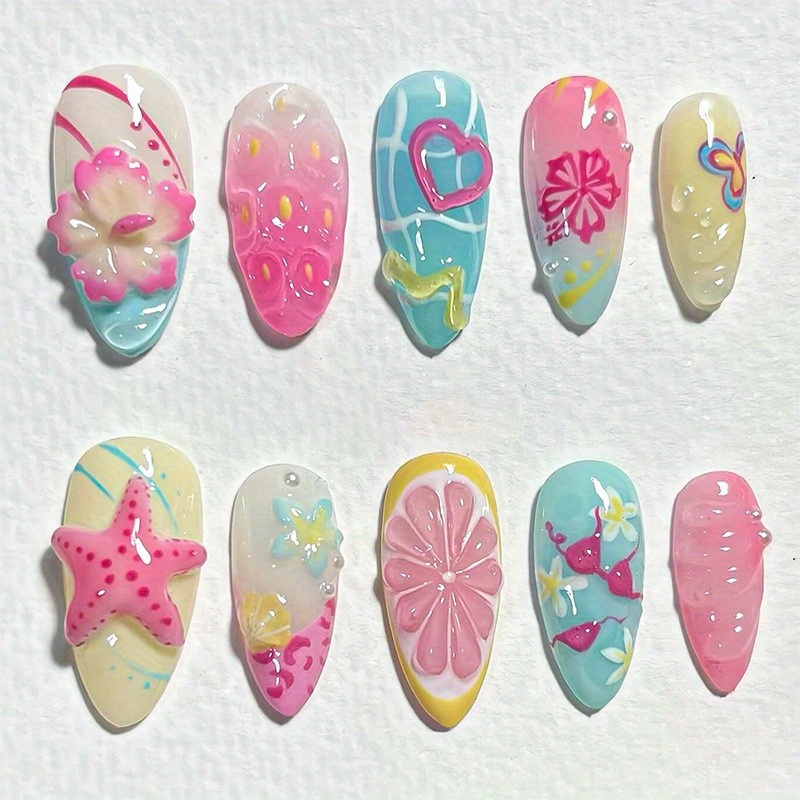 TEMU 30pcs Of Summer Beach Shell Painted Handcrafted Wearable Sea Star Flower Heart Lady'-on Nail Stickers