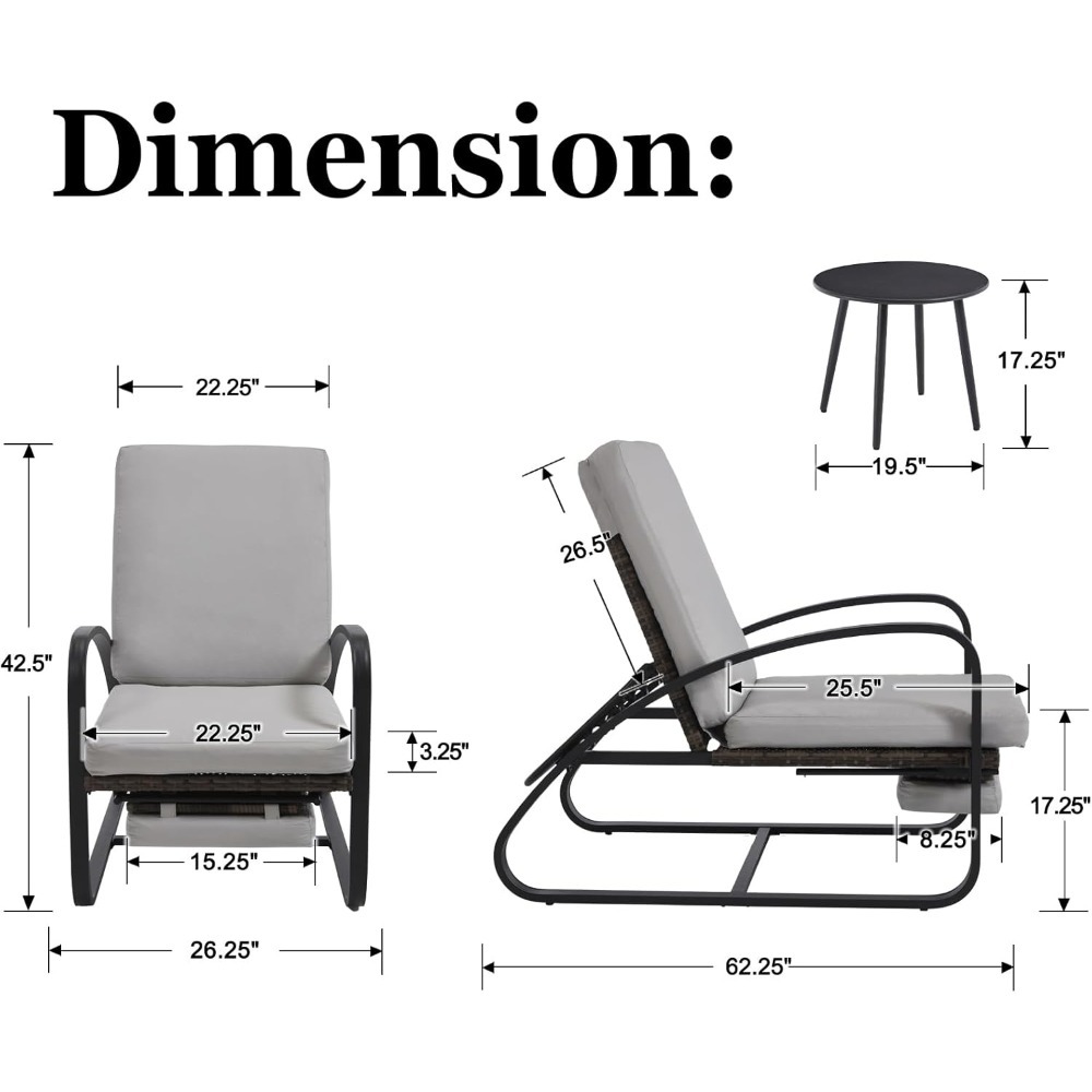 Set with Table Patio Chaise Lounge Chairs, Patio Recliner Chair, Outdoor Furniture Set 5-Position Adjustable, Outdoor, Bench for Deck, Lawn, Garden