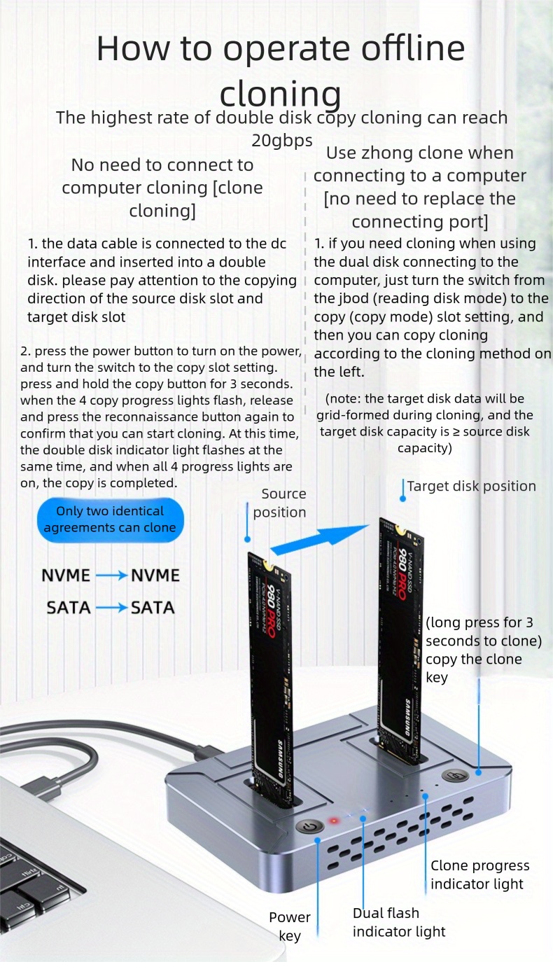 estación de clonación de disco dual zvx usb3.2 nvme/sata - transferencia de   en línea rápida,   cambio, ideal para uso en   y regalo,   de almacenamiento externo, eficiencia en   | estación de clonación moderna | calidad de construcción  , clonador de unidades de disco detalles 2
