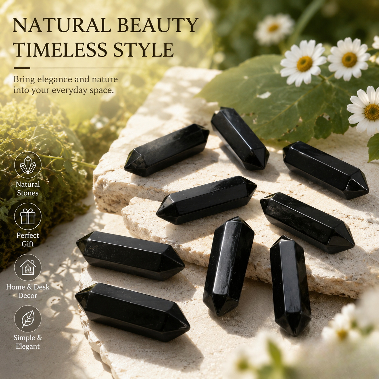 Natural Black Obsidian Stone, Smooth Double-Sided Hexagonal