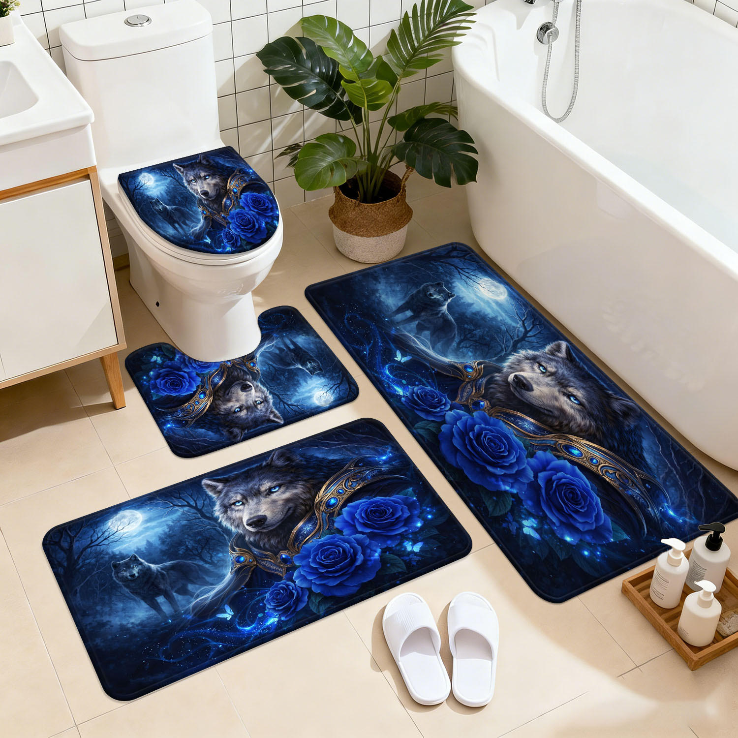 TEMU 3/4pcs Bathroom Non-slip Mat Set, Forest Blue Rose Wolf King, Home Decor Shower Entrance Absorbent Mat, Soft -dry Carpet For Home Use, Bathroom
