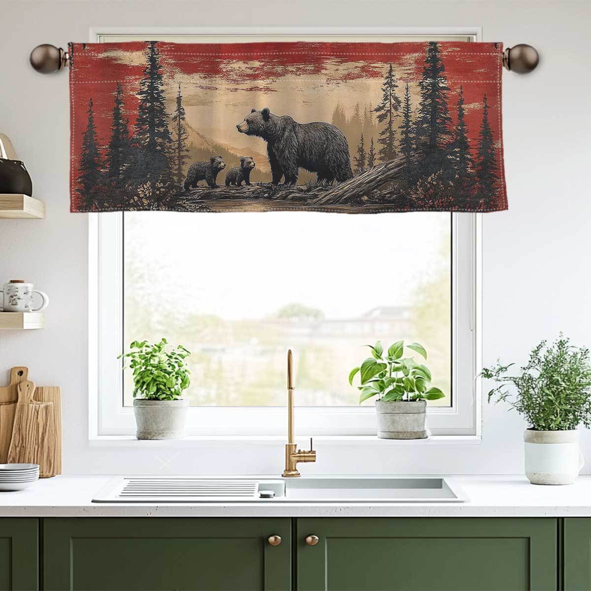 

Black Bear Farmhouse Valance - Rod Pocket Window Treatment For Kitchen & Living Room, Semi-transparent Polyester Curtain,