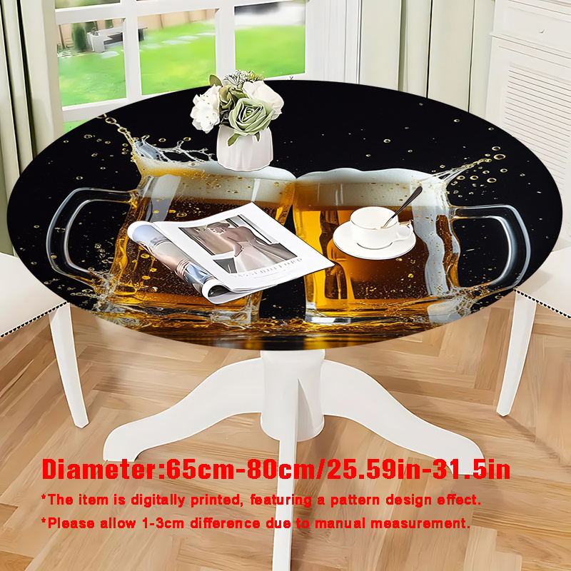 TEMU 1pc 2d Flat Printing Beer Pattern Round Elastic Tablecloth, Suitable For Round Dining Tables, Polyester Material For Parties, Kitchen,