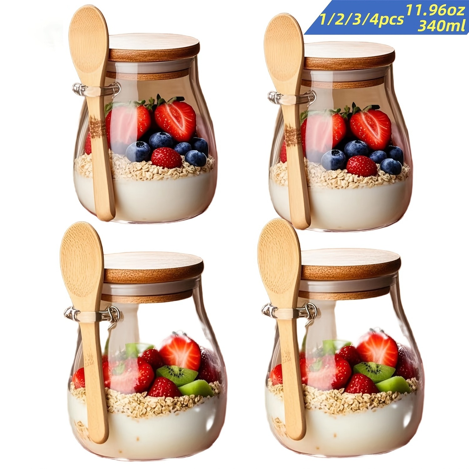 [Glass Cups | Oatmeal Jars] 1/2/3pcs Glass Cups 11.96oz | Oatmeal Jars, Salad Bowls, Meal Prep Containers with Lids And Spoons | Chia Seeds, Puddings, Yogurt, Overnight Oatmeal Cup Se