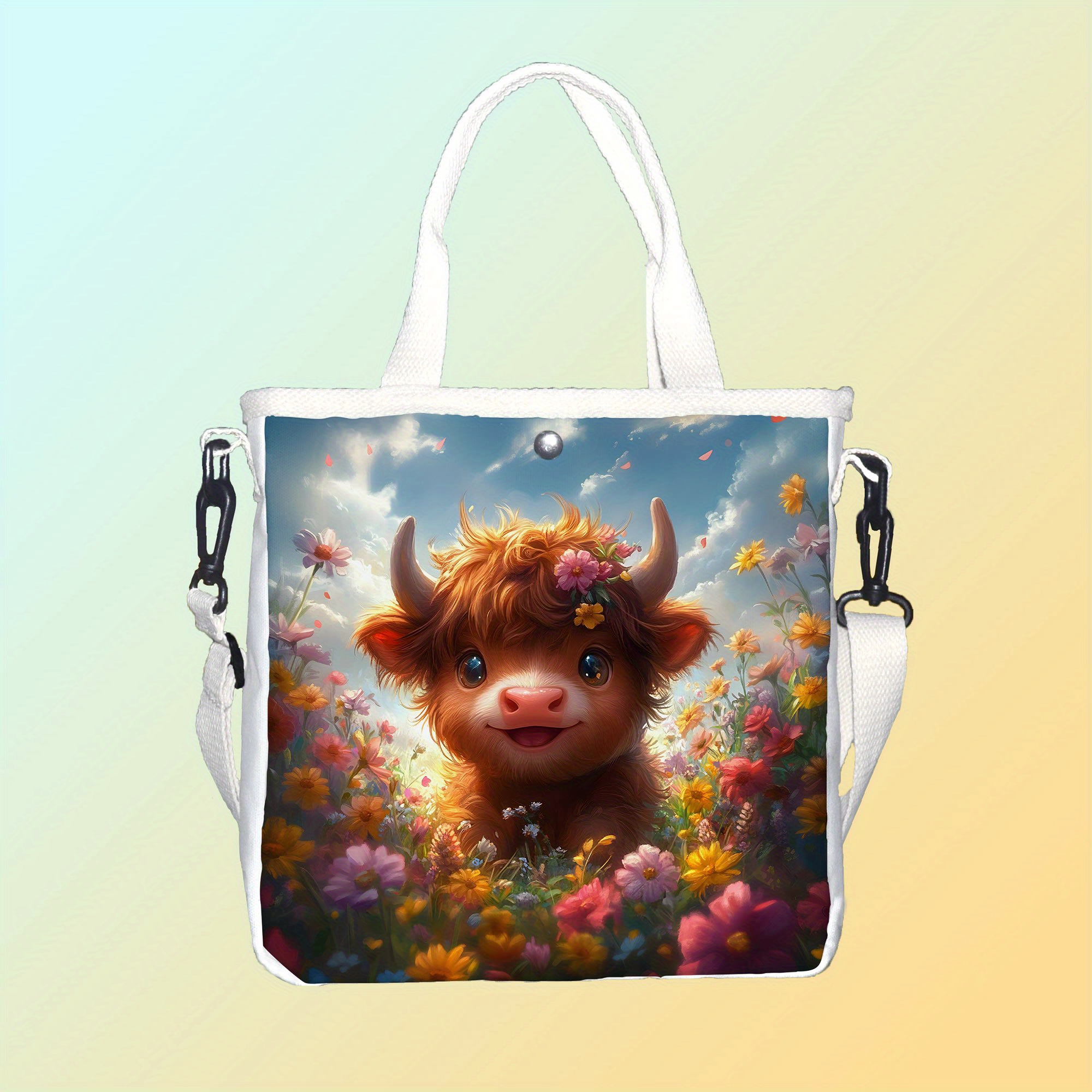 

] Chic Highland Cow & Floral Print Canvas Tote Bag With Adjustable Strap - Lightweight, Snap Closure, Ideal For Daily Use & Festivals, Cow Decor