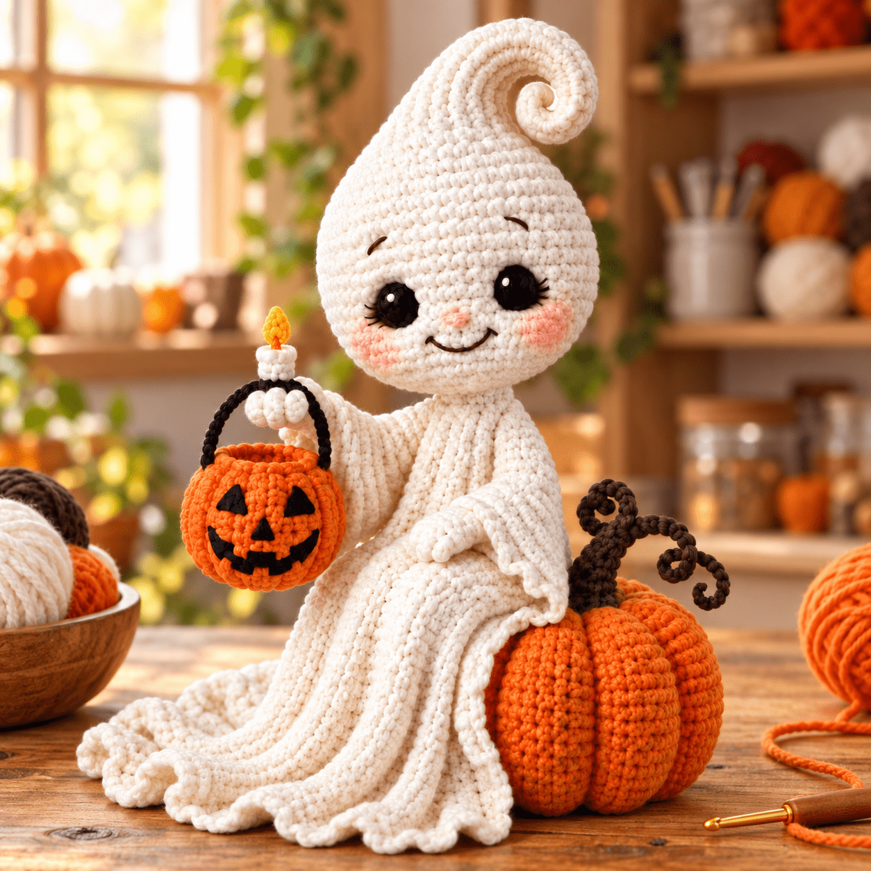 TEMU Crochet Ghost With Pointed Top And Soft Long White Robe, With Pumpkin Basket. Halloween Craft Kit, Handmade With Written Instructions (not