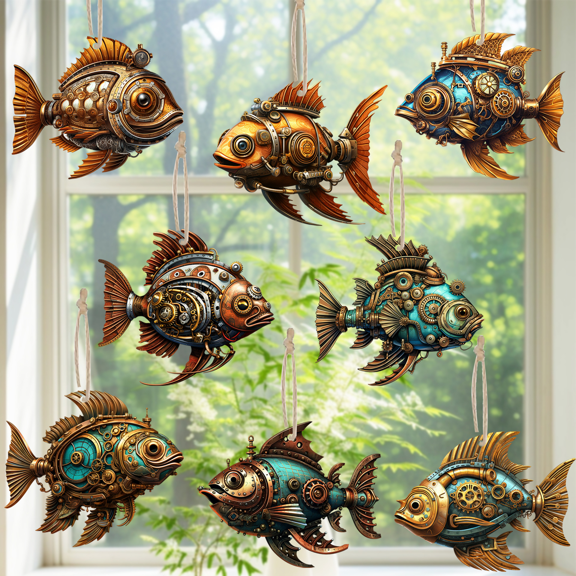 

8pcs/set Vintage Steampunk Fish Wooden Pendants For Home, Office, Classroom, Party, And Holiday Decorations, Chic, Pendant