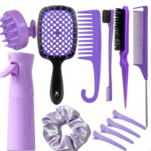 12pcs hair brush set for women spray bottle 3pcs slick back hair brushes for toddlers soft scalp massager detangling hairbrush for wet dry curly hair detangling wide tooth combs purple