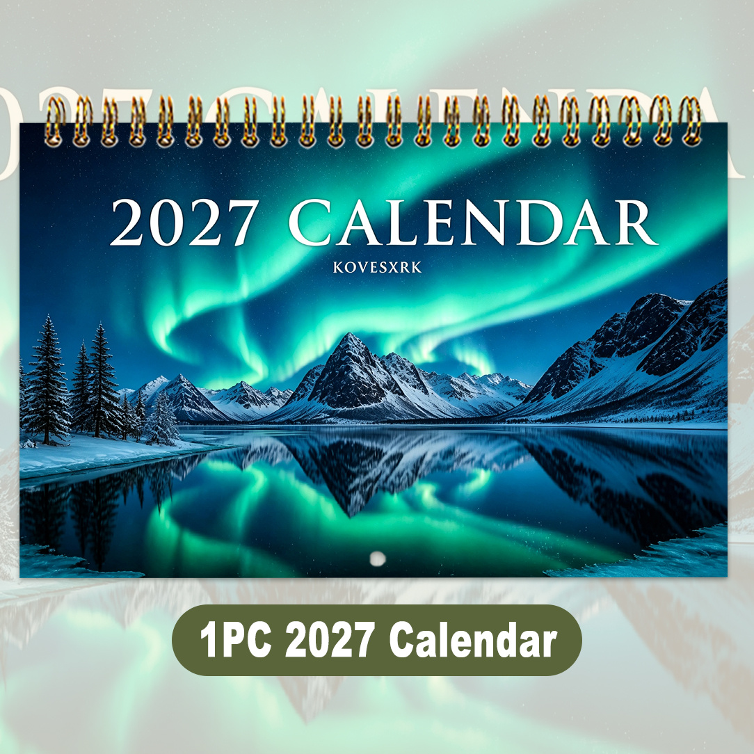 TEMU 1pc | 2027 Aurora Theme Calendar | 8.3x5.5 Inches | Natural Landscape Wall Calendar | Metal Double Wire Binding | Suitable For Home Office Daily