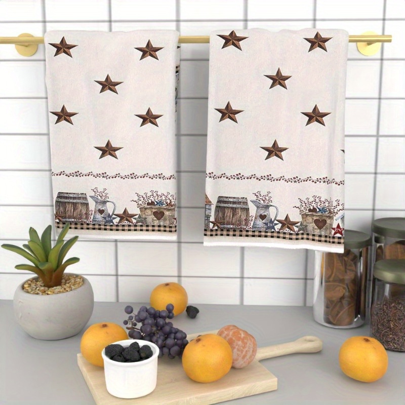 

2-pack Rustic Farmhouse Star Pattern Kitchen Towels, 18x26 Inch Soft Polyester, Contemporary Country-themed Decorative Towels For Home, Bathroom, Spa - Machine Washable