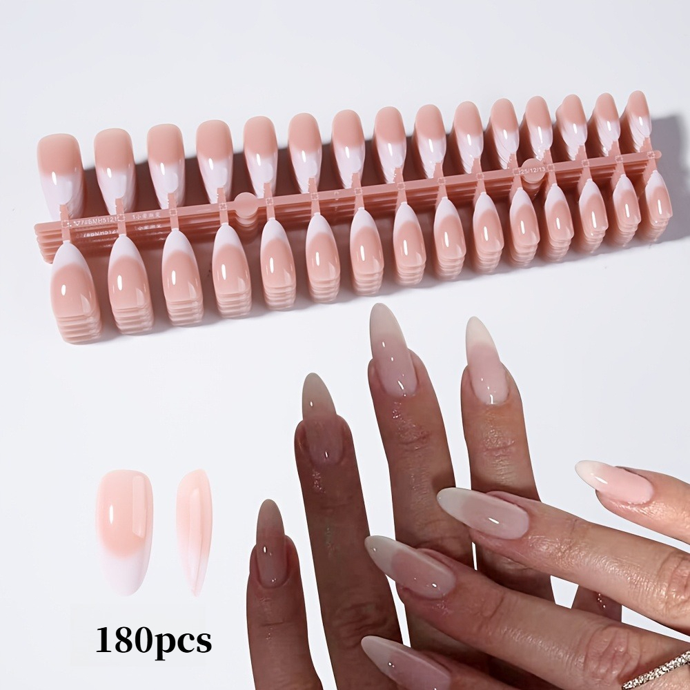 TEMU 181pcs (180pcs Wearable Armor And 1 Bag) Nude Gradient White Long Almond-shaped Press-on Nails, Full Coverage Removable False Nails, With Jelly