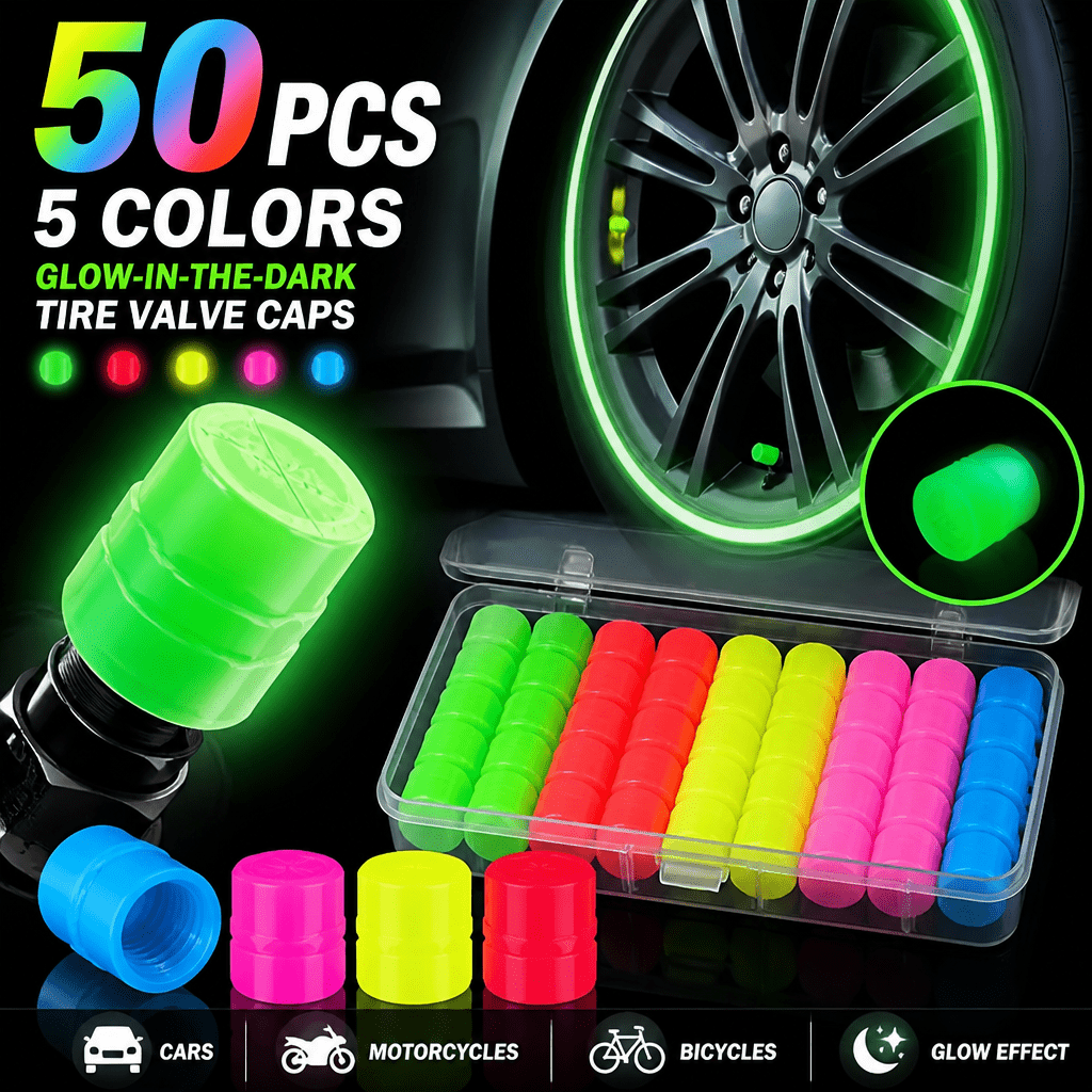 TEMU 50 -the-dark Tire Valve Caps | Durable Plastic, 5 Vibrant Colors, Suitable For Car, Motorcycle, And Bicycle Fluorescent Decoration