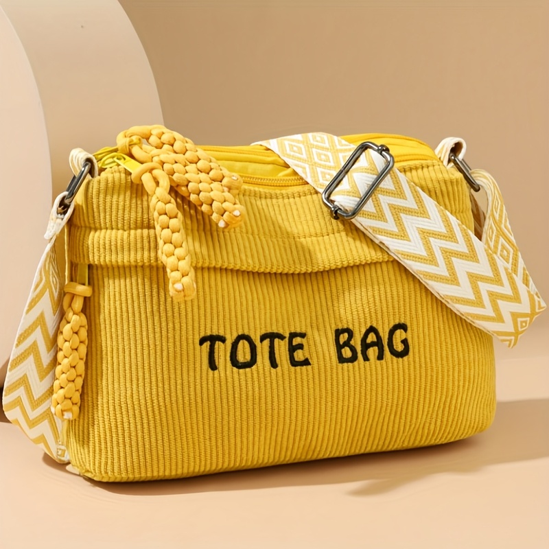 TEMU This Is A Stylish Corduroy Shoulder Bag For Women Featuring Multiple Compartments And Zippers, An Adjustable Strap, Making It Use, Shopping, And