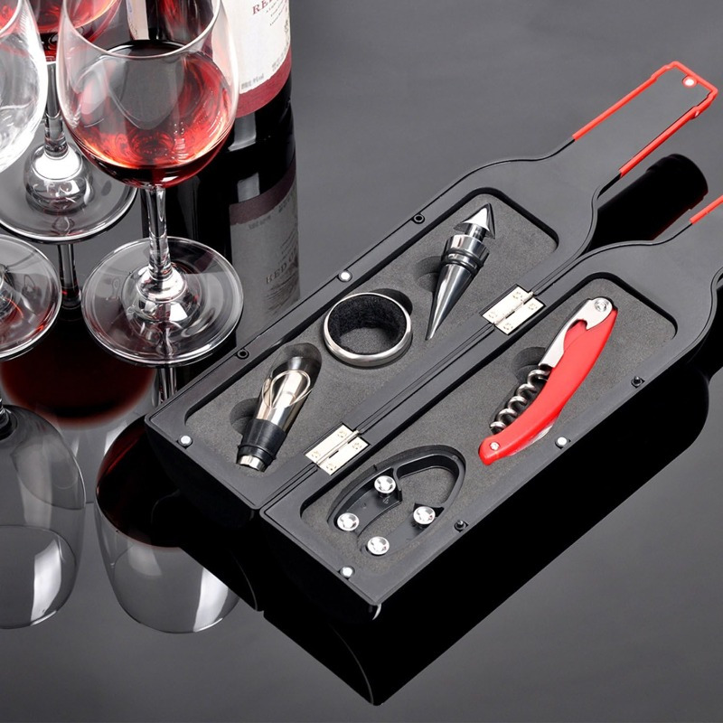 valentines day wine accessories gift set 5pcs deluxe wine opener kit with corkscrew stopper aerator foil cutter drip ring elegant bottle shaped gift box   wine lovers red 1