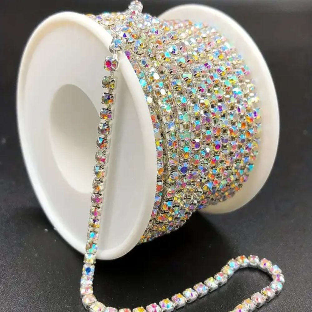 TEMU A Roll Of Shimmering Rhinestone Satin Ribbon Featuring A Multicolored Crystal Chain Trim, Sewing, Embellishing Shoes, Clothing, Cups For