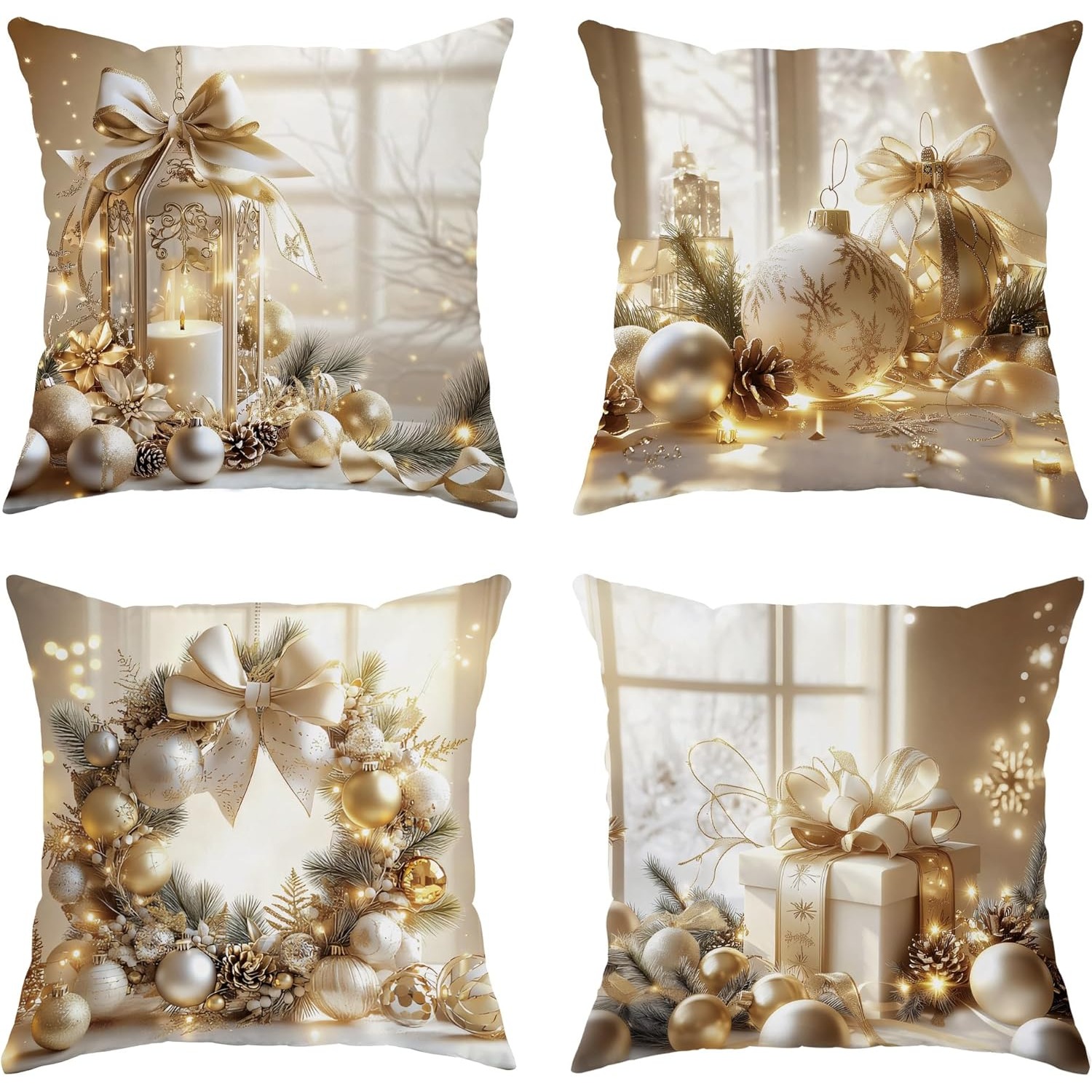 

4pcs Winter Throw Pillow Covers 17.7" - Soft Short Plush, White & Golden , Zippered Cushion Cases For Home Decor, Living Room, Bedroom, Sofa - Machine Washable