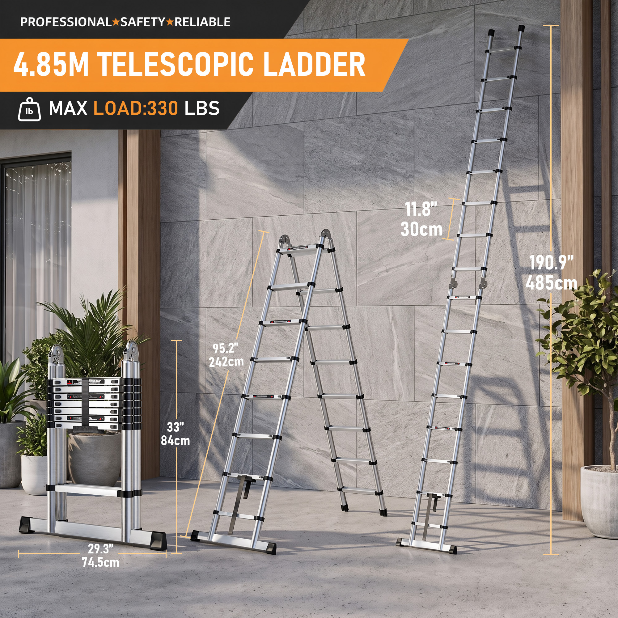 Telescoping Ladder With Detachable Roof Hooks, And Straight Extension Ladder Combo, Portable Folding Step Ladder For Home Rv Gutter Cleaning, Anti-slip Professional Telescopic Ladder