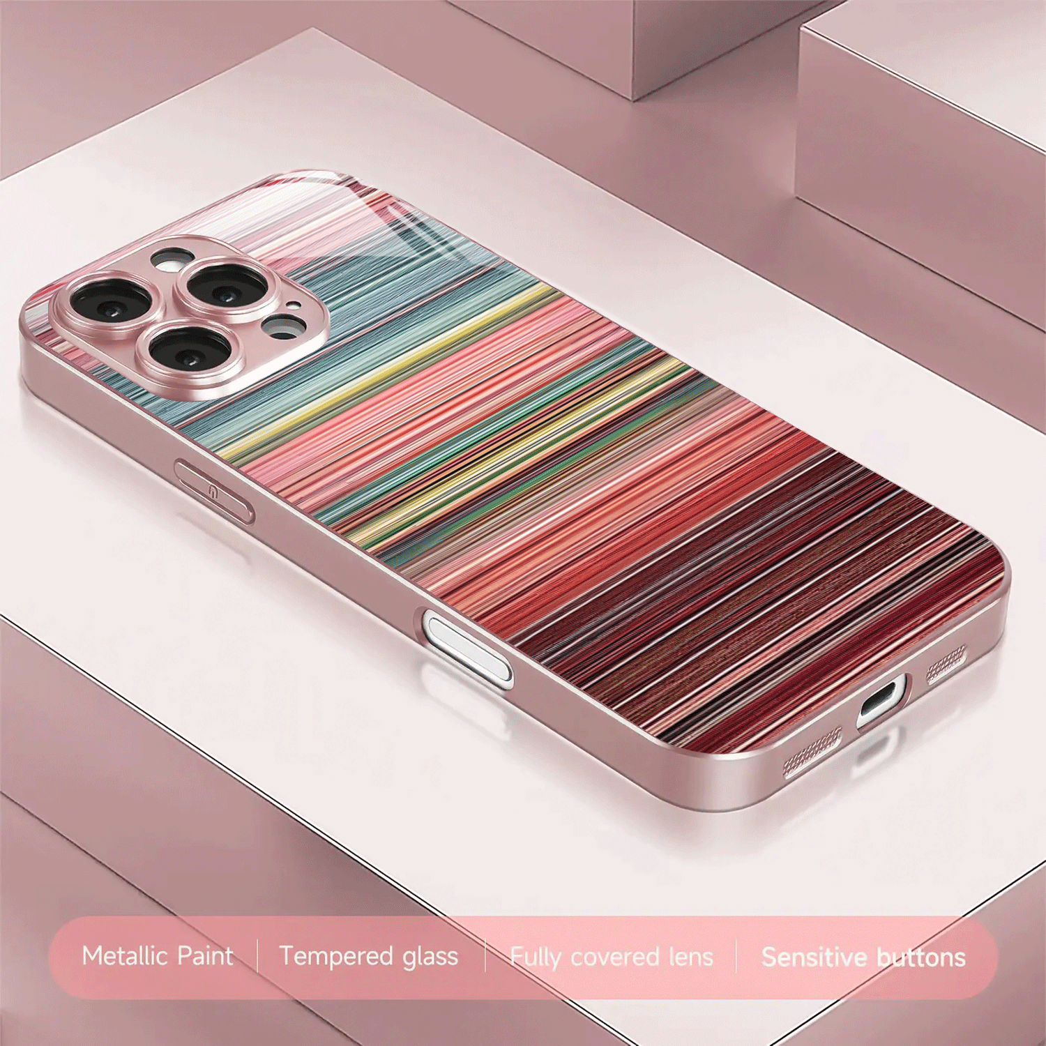 TEMU Phone Case - Striped Gradient Pattern Metal Paint Tempered Glass Hard Phone Case, Suitable For Iphone 17/17 Air/16/16 Pro/16 Plus/16 Pro Max/
