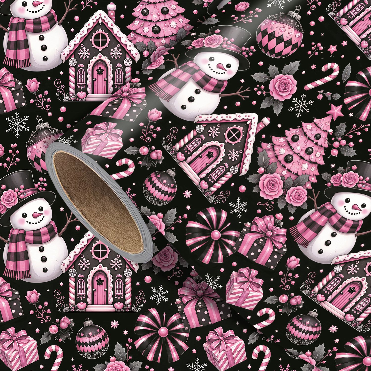 TEMU Gothic Christmas Wrapping Paper Roll - Measures 17.7 Inches X 118 Inches, Pink And Black Christmas Snowman Gingerbread House Design, Wrapping