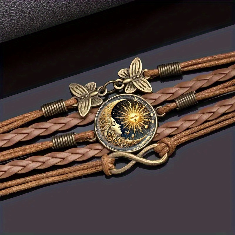 TEMU Adjustable Bohemian Mandala Infinity Bracelet - A Stylish Accessory Made Of Faux Leather Featuring Like The Moon, Sun, Bird, And A Female Face,