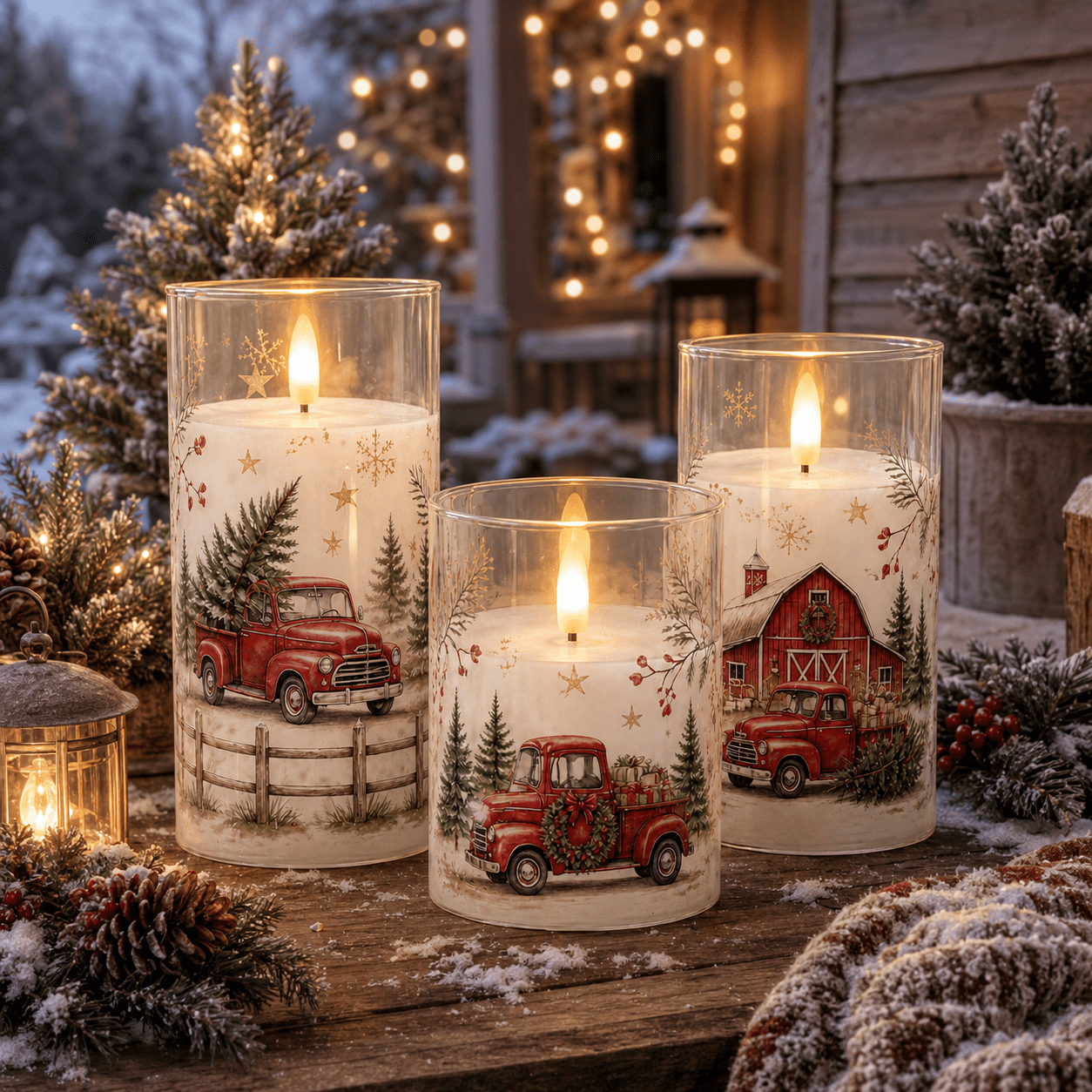 TEMU 3pcs Christmas Flameless Candle Lights, Vintage , Farmhouse Barn, Christmas Tree & Snowy Scene Design, Warm Holiday Decorative Lights For Table,