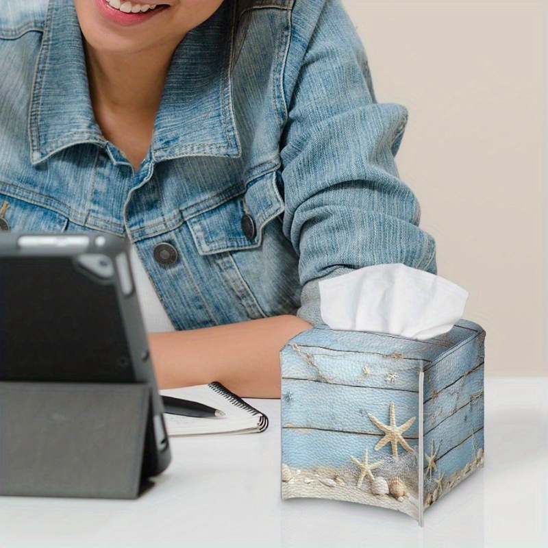 square tissue box holder designed for facial tissues serving as a stylish organizer and dispenser for napkins suitable for bedroom office or bathroom decor featuring a blue   design Product details 5
