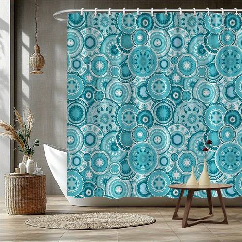 صورة العنصر ستارة دش بنمط ماندالا بأسلوب عتيق - زهري باللون الأزرق والبرتقالي، تصميم عصري مع حادة، لوحة ألوان موزعة، بوليستر قابل للغسل في الغسالة، تتضمن خطافات، 70.86x70.86 بوصة، 12 خيارًا لخطافات منزلية للحمام أو هدية نقل، ديكور الحمام