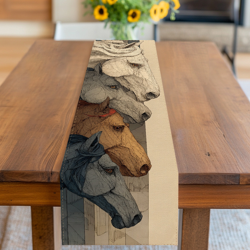 TEMU 1pc Of 2d Printed Table Flag Fabric With A Western Theme, Showcasing Elegant Horse Head Designs In Artistic Line Work. Perfect For Decorating